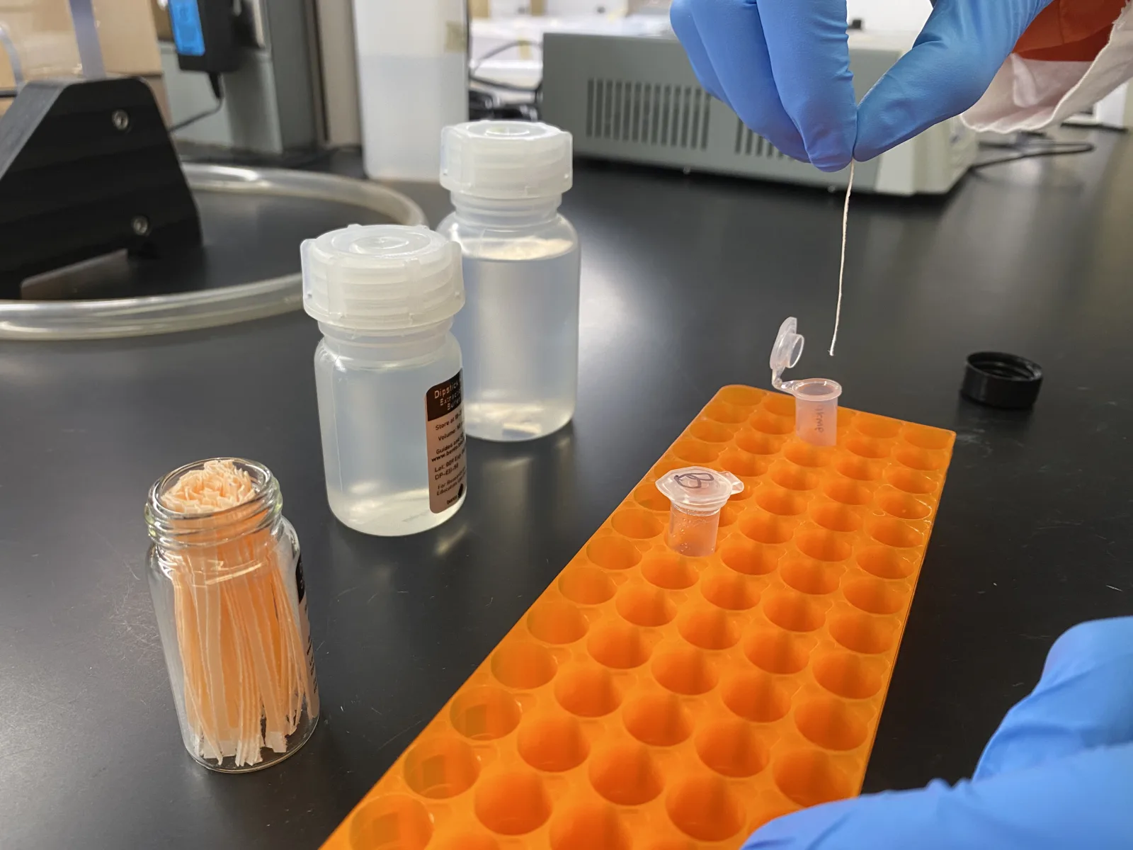 Dipstick assay reagents ready for testing