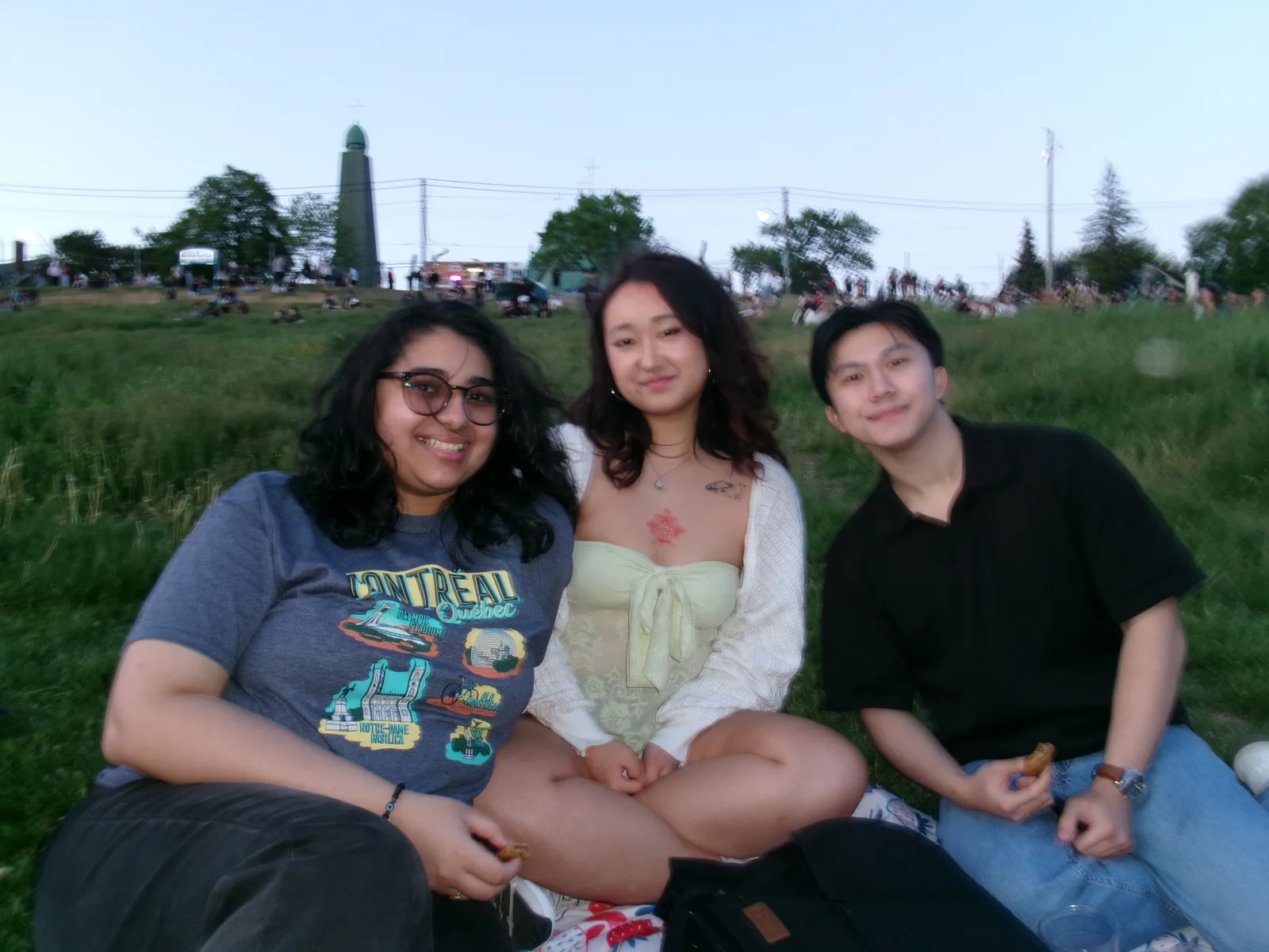 Team members share snacks on the grass during an evening park outing