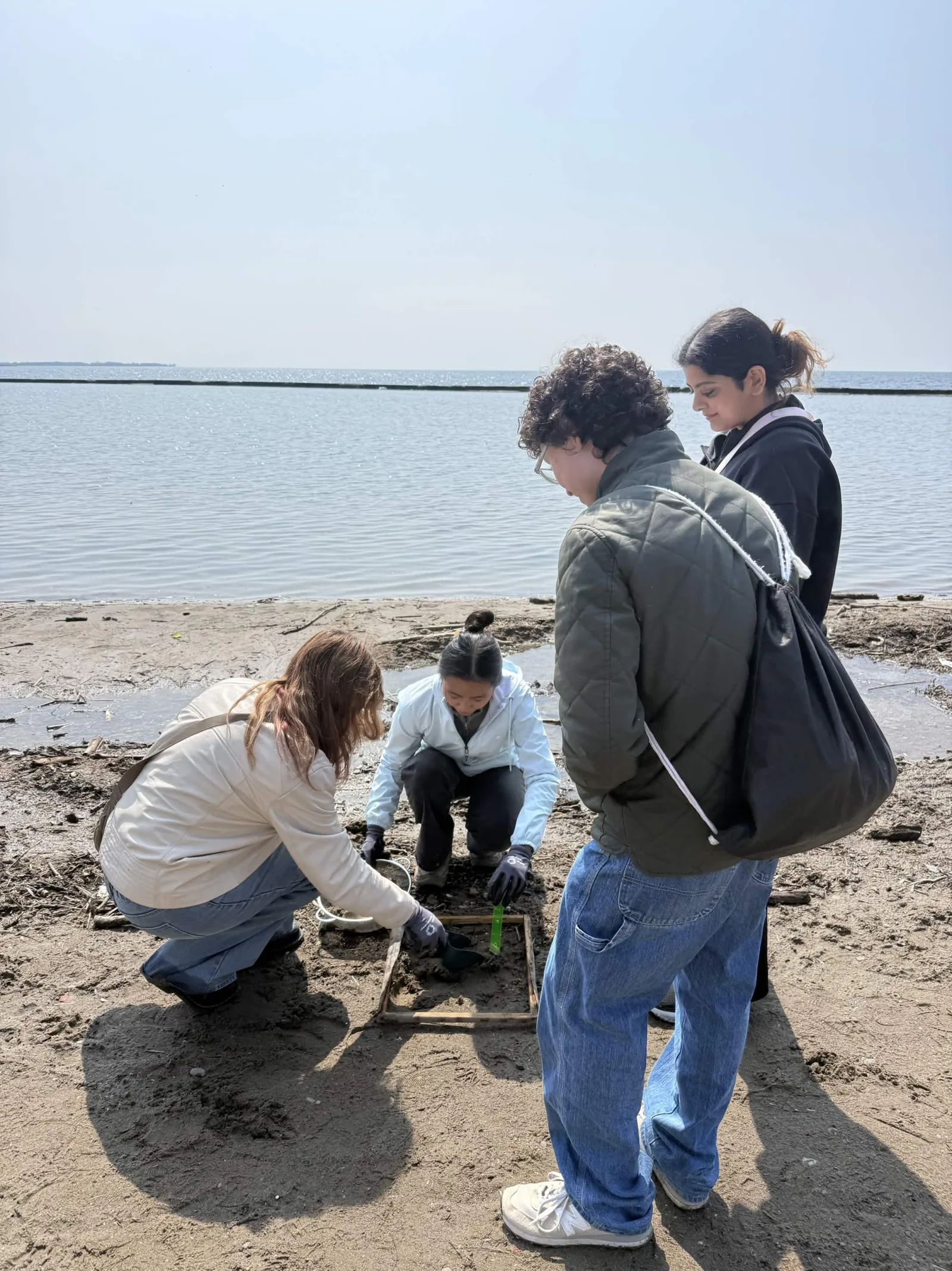 Setting up a sampling quadrat on the shoreline